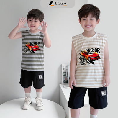 Bộ ba lỗ cho bé trai in Ô TÔ họa tiết kẻ ngang, chất liệu cotton giấy size từ 15-40kg Quần áo trẻ em nam Loza Kids IB656