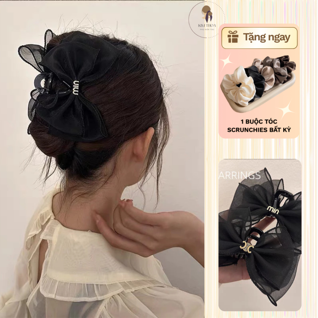Kẹp tóc ngoạm thiết kế vải voan đính tag điểm nhấn KC1