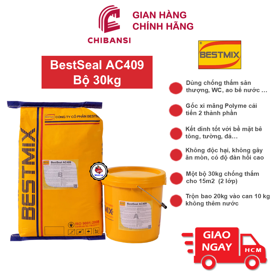 [Hỏa Tốc] Bộ 30kg BestSeal AC409 Vữa Chống Thấm Đàn Hồi Gốc Xi Măng Polyme Cho Sân Thượng, Ao hồ, Sà
