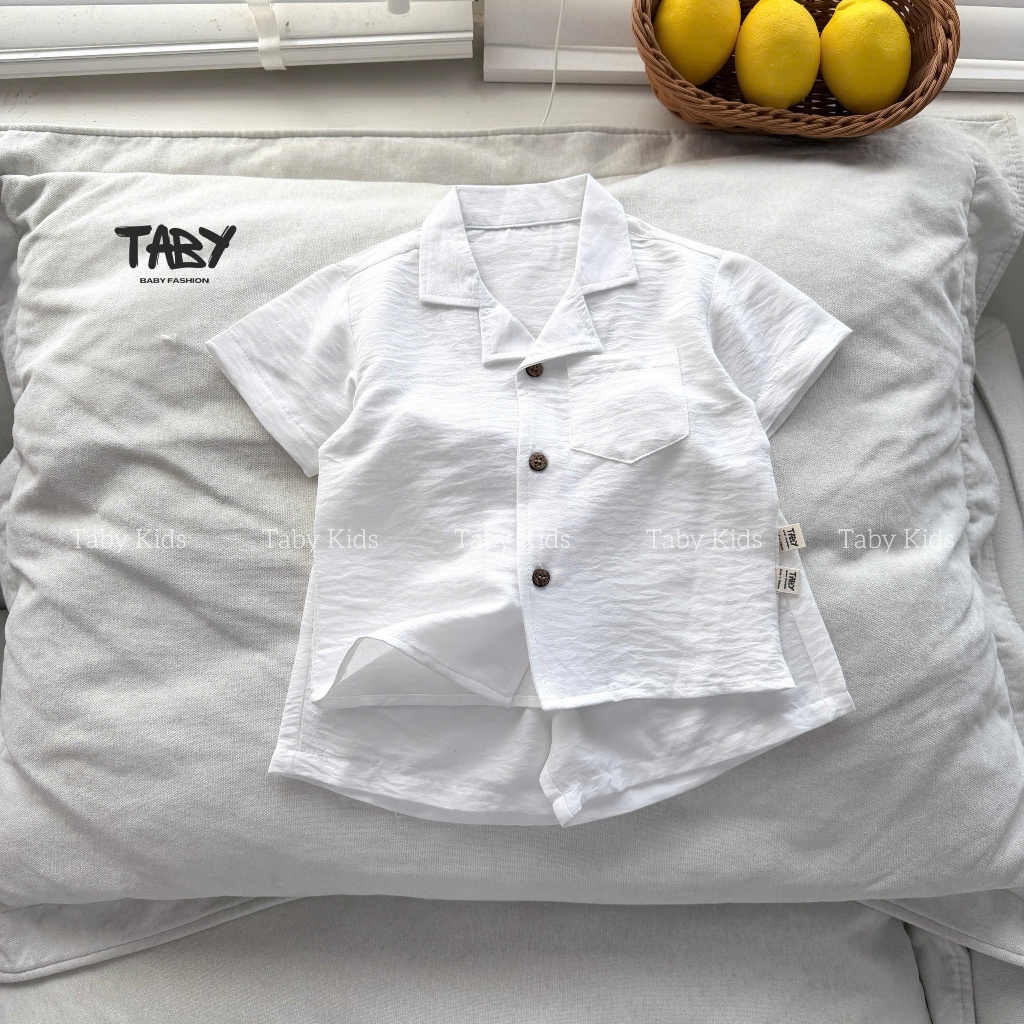 TB116 Set đũi trắng cổ v Taby Kids, chất liệu đũi mềm mại thoáng mát cho bé trai 8-27kg
