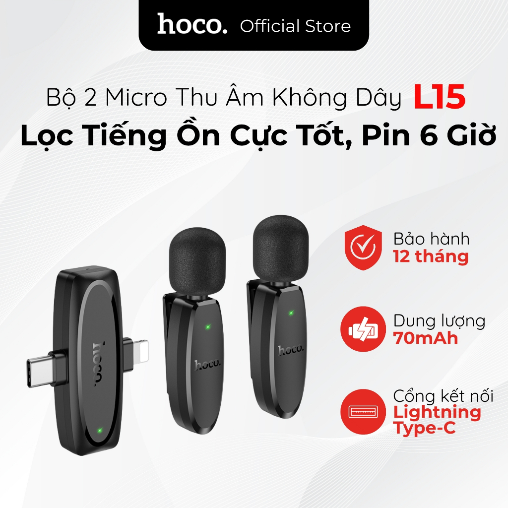 Bộ 2 Micro Thu Âm Không Dây Hoco L15 - Kết Nối L & Type-C 2-in-1, Lọc Tiếng Ồn Cực Tốt