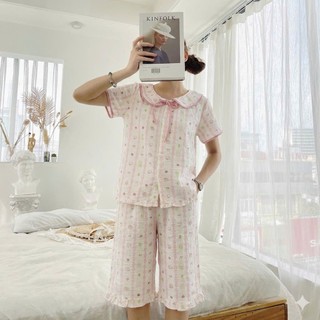 Bộ ngủ cộc tay áo cổ sen dễ thương Cotton, Xô muslin, Lụa, Đũi, Tôn, Lanh, Kate thô DBTK