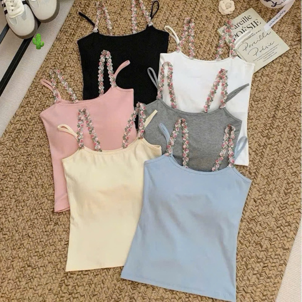 Áo 2 Dây Nữ Phối Ren Hoa Có Mút Ngực, Áo Hai Dây Ôm Body Quyến Rũ, Áo Croptop Nữ Sexy Thời Trang