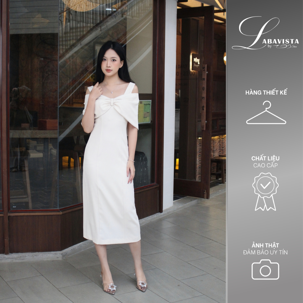 LABAVISTA ĐẦM MIDI ĐI TIỆC THIẾT KẾ NƠ CHOÀNG VAI CÁCH ĐIỆU PHONG CÁCH THANH LỊCH B523 SANG TRỌNG