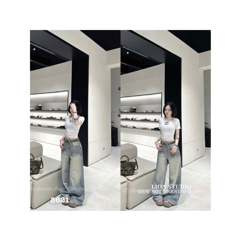 🦁LION STUDIO❤️ quần bò xuông belt đinh 8621 sml kèm thắt lưng  QCCC , Trung Quốc