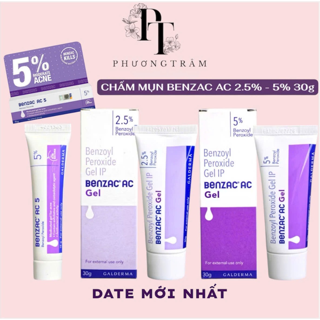 Galderma | Benzac AC | Benzoyl Peroxide 2.5% - 5% Gel 15G 30G hỗ trợ giảm mụn viem mụn trứng cá