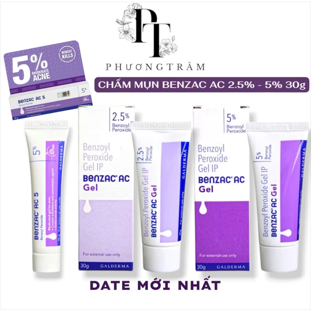 Galderma | Benzac AC | Benzoyl Peroxide 2.5% - 5% Gel 15G 30G hỗ trợ giảm mụn viem mụn trứng cá
