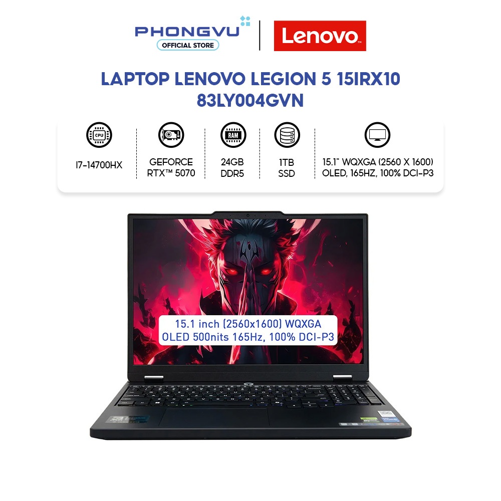 Laptop Lenovo Legion 5 15IRX10 - 83LY004GVN (i7-14700HX/ GeForce RTX™ 5070/ 24GB/ 1TB/ Win 11 Home S