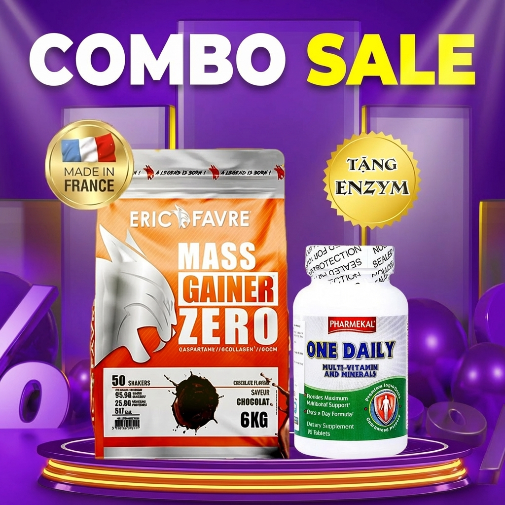 Combo Sữa MASS GAINER ZERO 6Kg + Multi Vitamine 90 Viên - Eric Farve (SX tại Pháp) - Tặng Enzym + BL