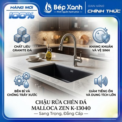 Chậu Rửa Chén Đá Malloca ZEN K-13040 (Đen) - Ngang 75.6cm - Lắp Nổi/Lắp Âm