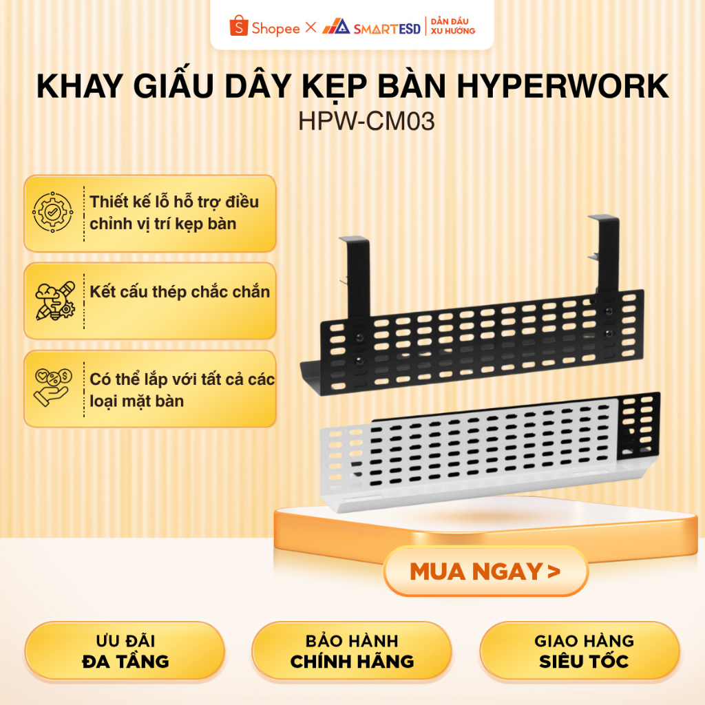 Khay giấu dây kẹp bàn HyperWork HPW-CM03-BLK-XL Đen| HPW-CM03-WHT-XL Trắng | Hàng Chính Hãng