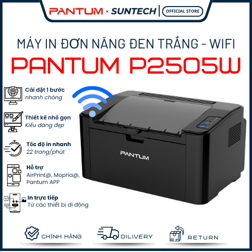 Máy In Laser Trắng Đen Pantum P2505W - Kết Nối WiFi, Tốc Độ 22 Trang/Phút, Nhỏ Gọn, Tiết Kiệm Mực, B