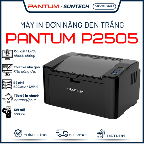 Máy In Laser Trắng Đen Pantum P2505 - Kết Nối USB 2.0, Tốc Độ 22 Trang/Phút, Nhỏ Gọn, Siêu Bền, Bảo 