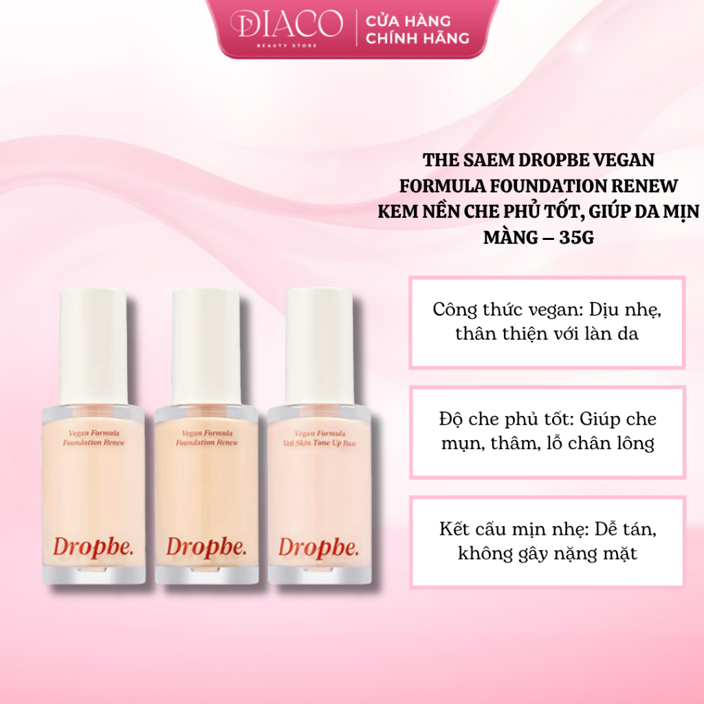 THE SAEM DROPBE VEGAN FORMULA FOUNDATION RENEW – KEM NỀN CHE PHỦ TỐT, GIÚP DA MỊN MÀNG – 35G