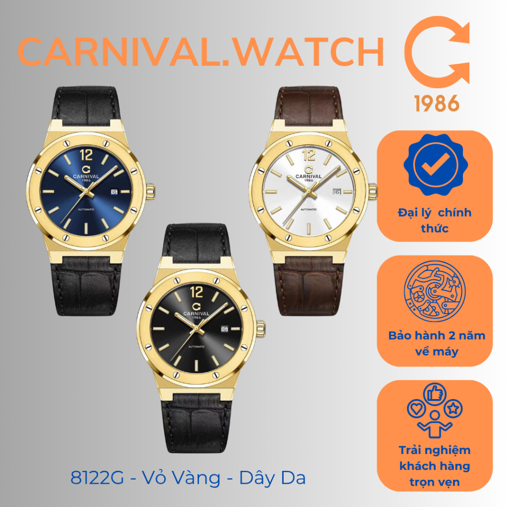 Đồng Hồ Nam Carnival 8122G Size 40mm Máy Cơ Tự Động Vỏ Vàng Dây Da – Kính Sapphire, Sang Trọng