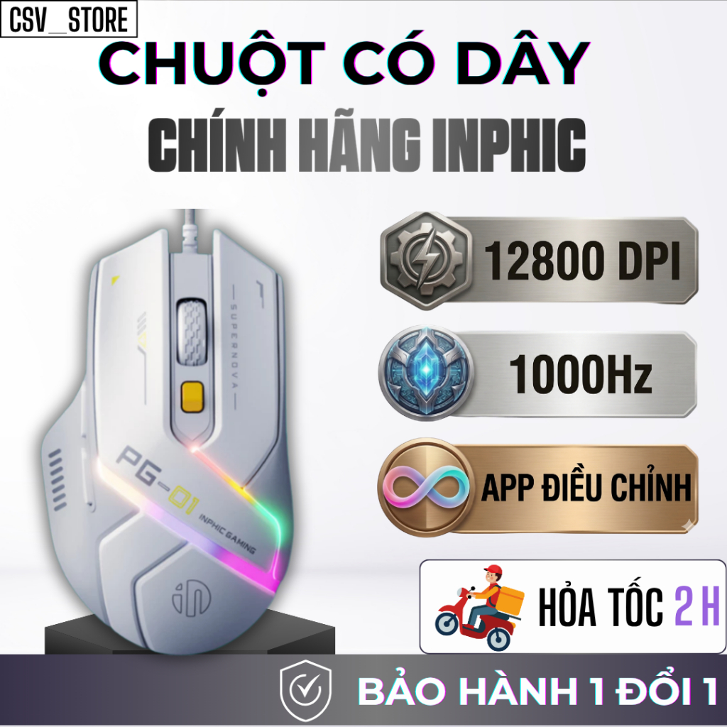 Chuột Gaming Có Dây Inphic PG1 – 12800 DPI, App Tùy Chỉnh, LED RGB Gaming – Bền Bỉ, Chính Xác