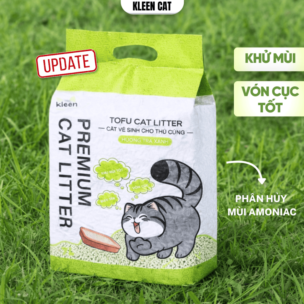 Cát đậu nành Tofu hữu cơ Kleen Cat khử mùi cho mèo xả trực tiếp trong nước, cát vệ sinh mèo Túi 7L -