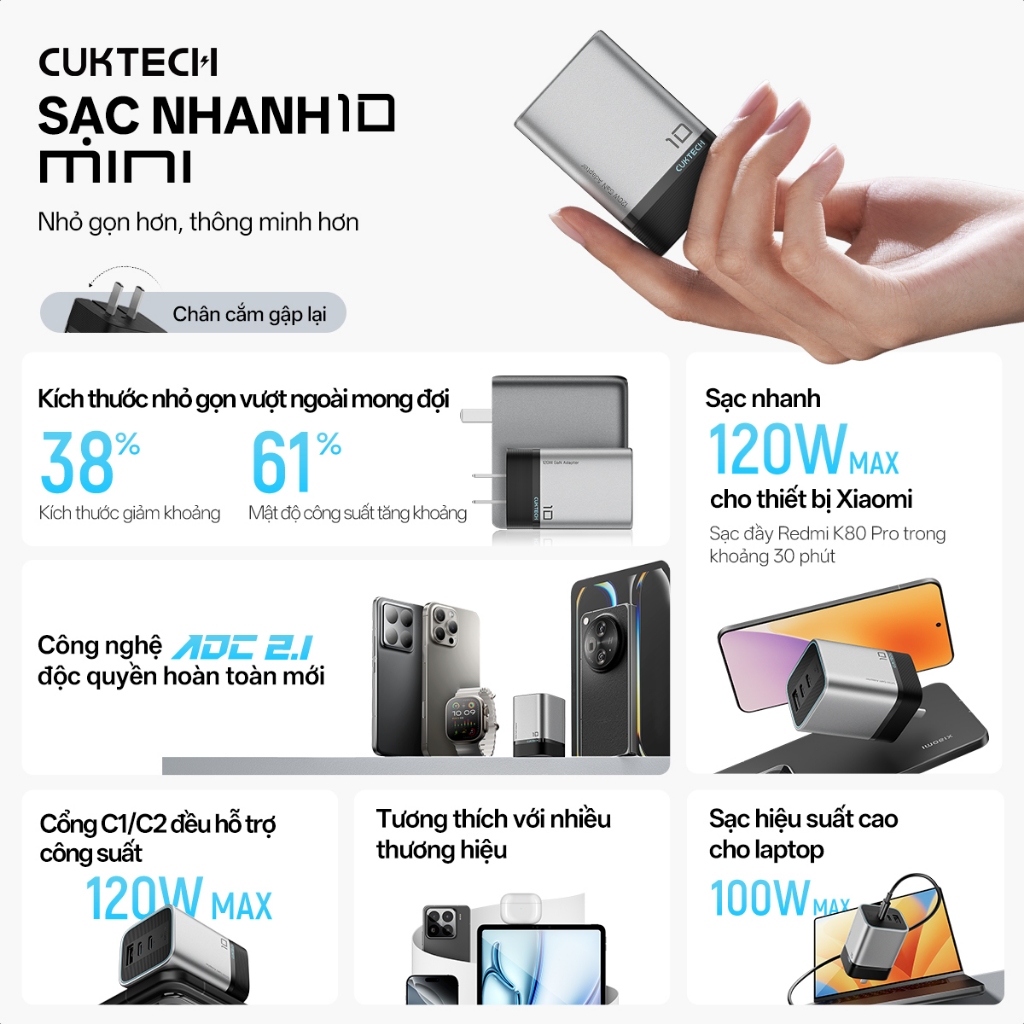 Củ Sạc Nhanh CUKTECH GaN 120W Siêu Nhỏ Gọn Chân Cắm Gập Sạc Laptop MacBook Cho iP 17/16/15 Xiaomi 17/Samsung S26 | BigBuy360 - bigbuy360.vn