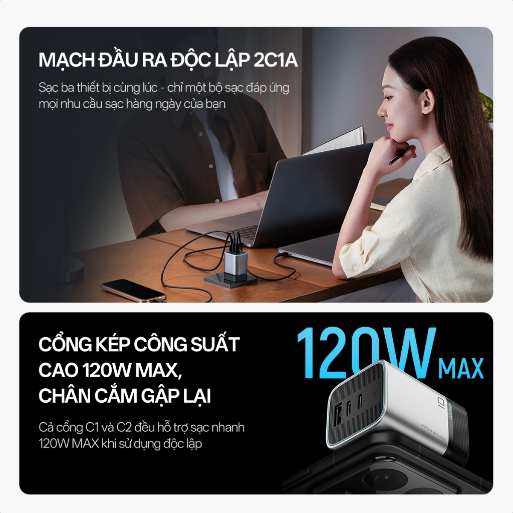 Củ Sạc Nhanh CUKTECH GaN 120W Siêu Nhỏ Gọn Chân Cắm Gập Sạc Laptop MacBook Cho iP 17/16/15 Xiaomi 17/Samsung S26 | BigBuy360 - bigbuy360.vn
