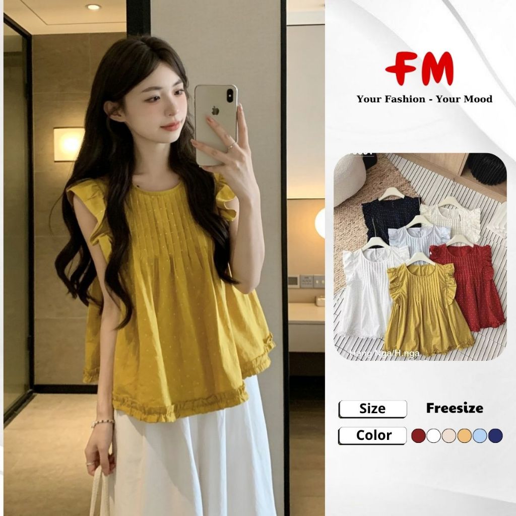 Áo Babydoll Nữ FMSTYLE Sát Nách Chấm Bi Xếp Ly Ngực Dáng Rộng Dễ Thương 26040346