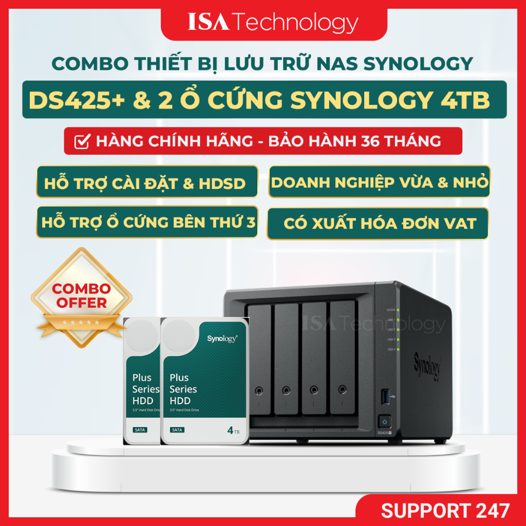 [COMBO] Nas Synology ds425+ kèm 2 ổ cứng Synology HAT 3300 4TB thiết bị lưu trữ mạng chính hãng