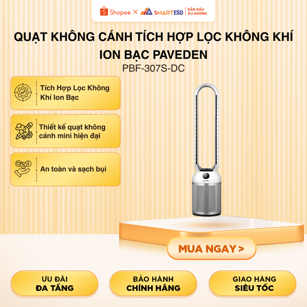 Quạt Không Cánh Tích Hợp Lọc Không Khí Ion Bạc Paveden PBF-307S-DC, phòng 20m2 | Bảo hành 12 tháng
