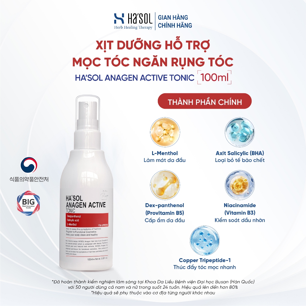 Combo Dầu Gội HASOL Hỗ Trợ Giảm Rụng và Mọc Tóc Ha'sol Anagen Scalp Shampoo 500g + Xịt Ha'sol Anagen Active Tonic100ml | BigBuy360 - bigbuy360.vn