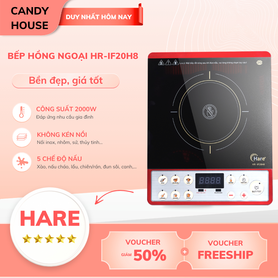 Bếp Hồng Ngoại Đơn Hare HR-IF20H8 công suất 2000W Nấu Nhanh Dùng Mọi Loại Nồi Mặt Kính Chịu Nhiệt
