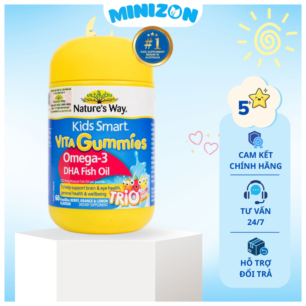 Kẹo dẻo Nature's Way Kids Smart Vita Gummies Omega-3 DHA Fish Oil (60 viên) - Minizon Kids