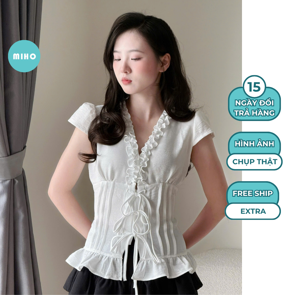 Áo kiểu cổ V bèo dây buộc nơ chiết eo Miho House
