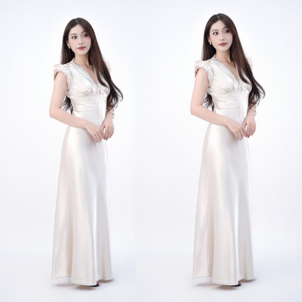 Đầm Lụa Dạ Hội Cổ Tim Phối Ren Tiểu Thư NV824 Đầm Lụa Tay Phồng Form Ôm Body Hack Dáng | BigBuy360 - bigbuy360.vn