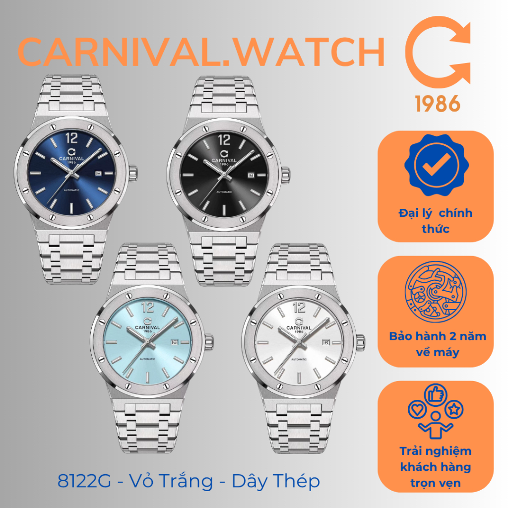 Đồng Hồ Nam Carnival 8122G Size 41mm Máy Cơ Tự Động Vỏ Trắng Dây Da – Kính Sapphire, Sang Trọng