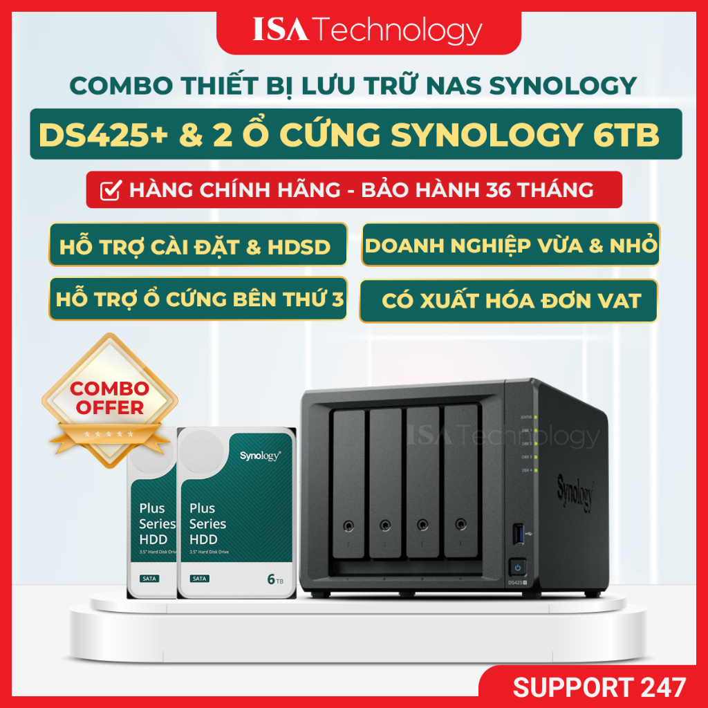 [COMBO] Nas Synology ds425+ kèm 2 ổ cứng Synology HAT 3300 6TB thiết bị lưu trữ mạng chính hãng