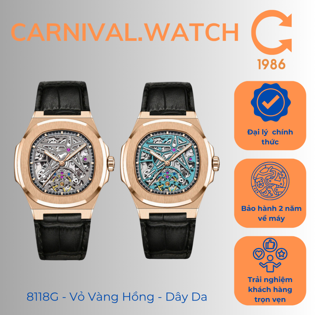 Đồng Hồ Nam Carnival 8118G Size 41mm Máy Cơ Tự Động Vỏ Hồng Dây Da – Kính Sapphire, Sang Trọng
