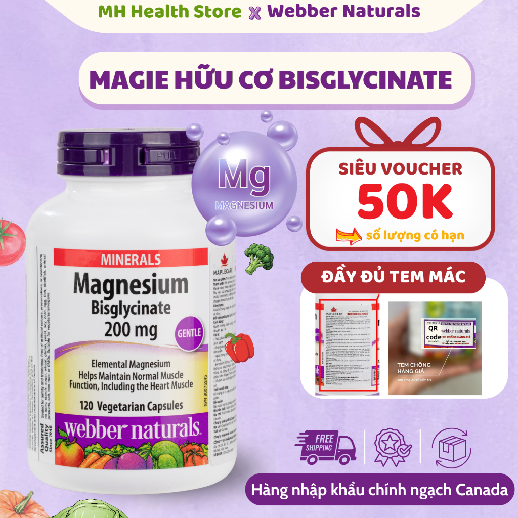 Viên uống bổ sung Magie Webber Naturals 200mg 120 viên - Magnesium Bisglycinate 200mg Webber Natural