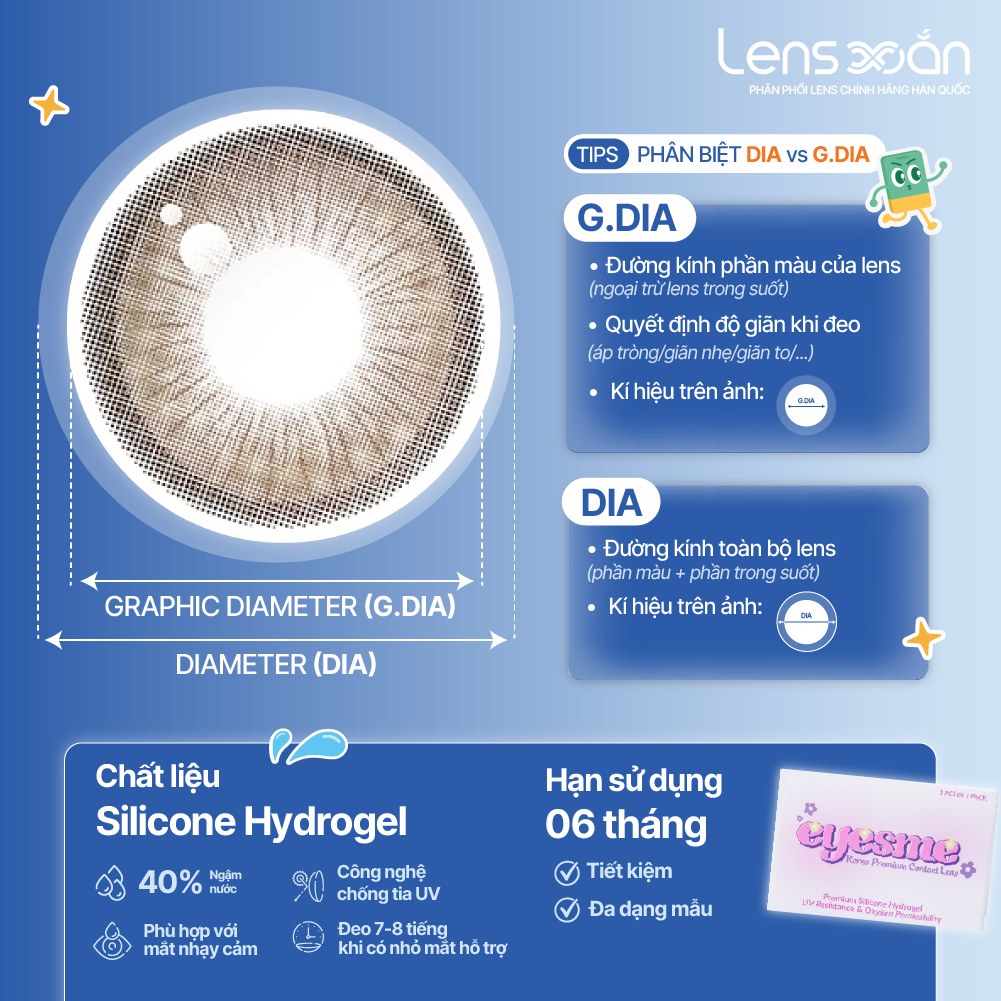 Kính áp tròng cận 6 tháng LENS XOẮN lens nâu tự nhiên giãn tròng 14.5 có viền tròn mắt long lanh EYESM DOROTHY | BigBuy360 - bigbuy360.vn
