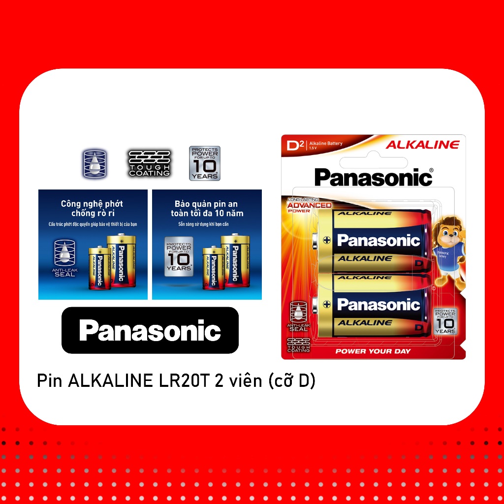 Pin đại PANASONIC Alkaline LR20T vỉ 2 viên (cỡ D)
