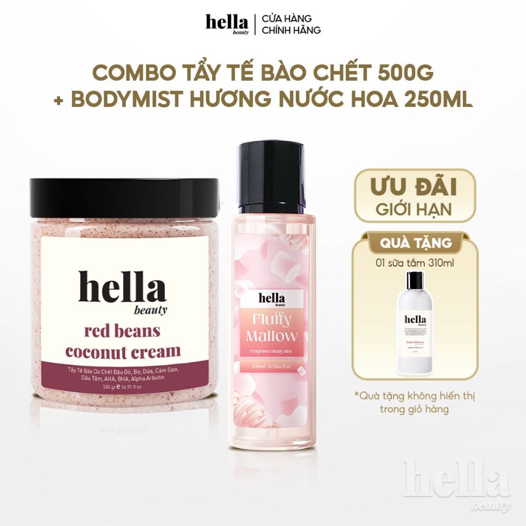 Combo tẩy tế bào chết body + Bodymist hương nước hoa 250ml Hella Beauty