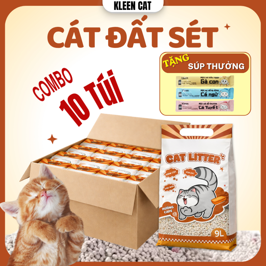 Combo 10 túi Cát Mèo Kleen tải 38kg, Cát Mèo Vệ Sinh Khử Mùi Diệt Khuẩn - KLEENCAT