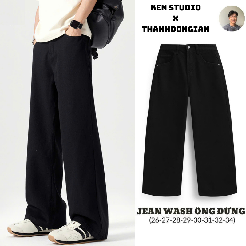 (KEN STUDIO) Quần Dài Nam Màu Đen Form Suông Ống Rộng Chất Liệu Jean Mềm Co Dãn Nhẹ Phong Cách Hàn Quốc