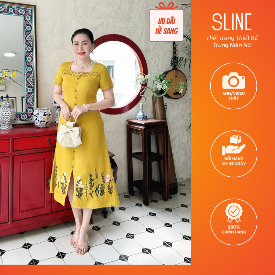 Đầm Suông Kiểu Trung Niên Nữ Chất Linen Cao Cấp Thêu Hoa Chân Xẻ Tà Mùa Hè - Thời Trang Trung Niên T