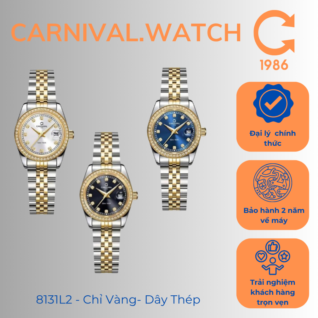 Đồng Hồ Nữ Carnival 8131L2 – Chỉ Vàng – Dây Thép