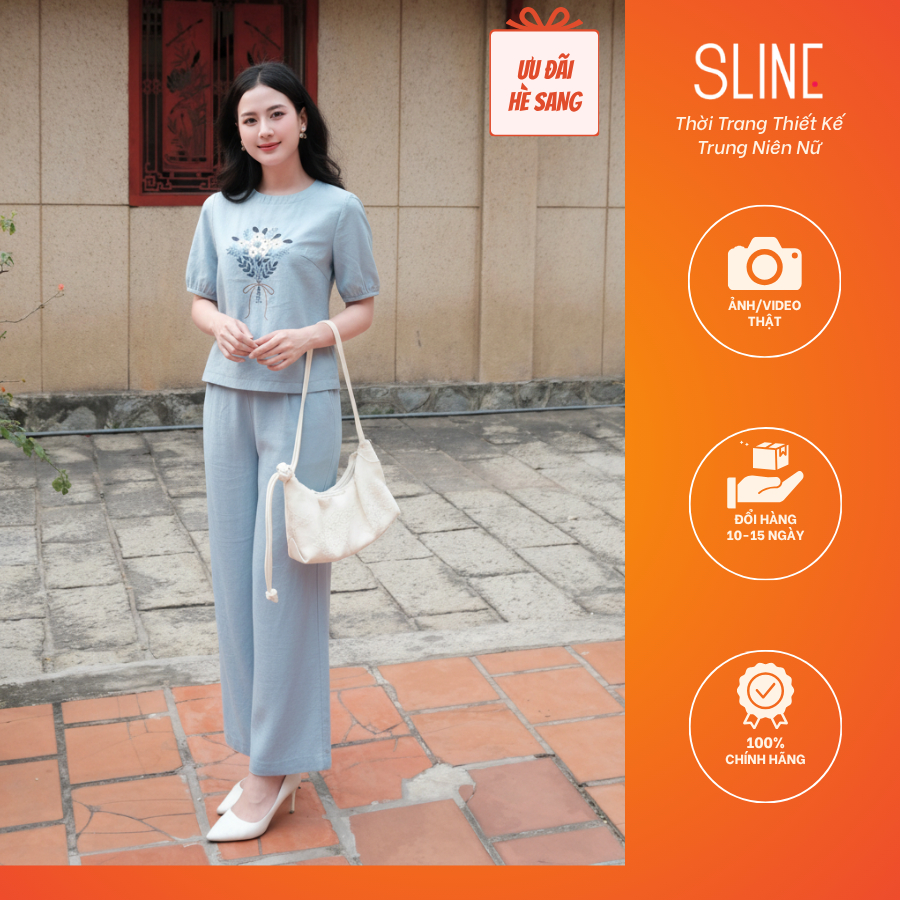 Set Bộ Áo Kiểu Nữ Thêu Hoa Chất Tơ Cao Cấp + Quần Phối Chun Phía Sau (48-65kg) - Thời Trang Thiết Kế SLINE - Qùa tặng mẹ | BigBuy360 - bigbuy360.vn
