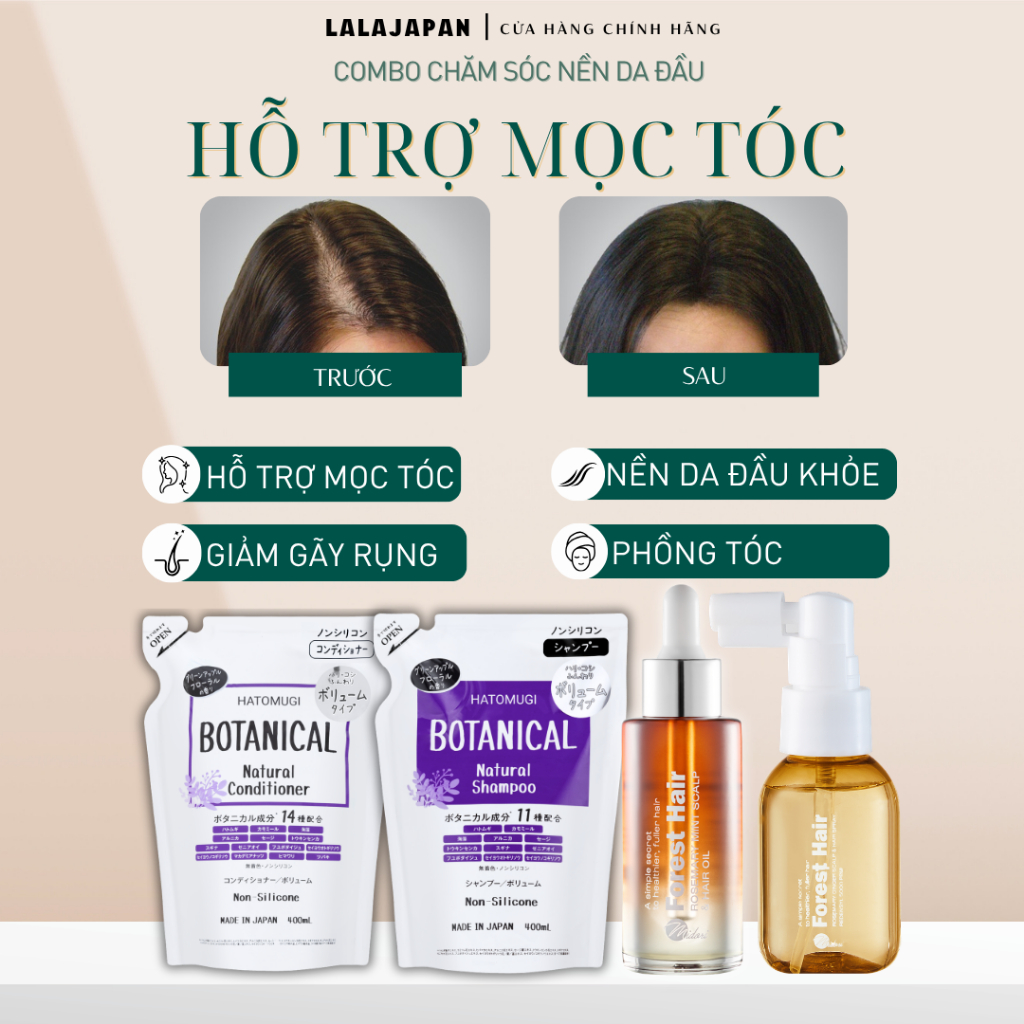 [COMBO 4] Gội xả HATOMUGI BOTANICAL + Xịt Mọc Tóc Forest Hair + Dầu ủ Forest Hair phồng tóc mọc tóc 