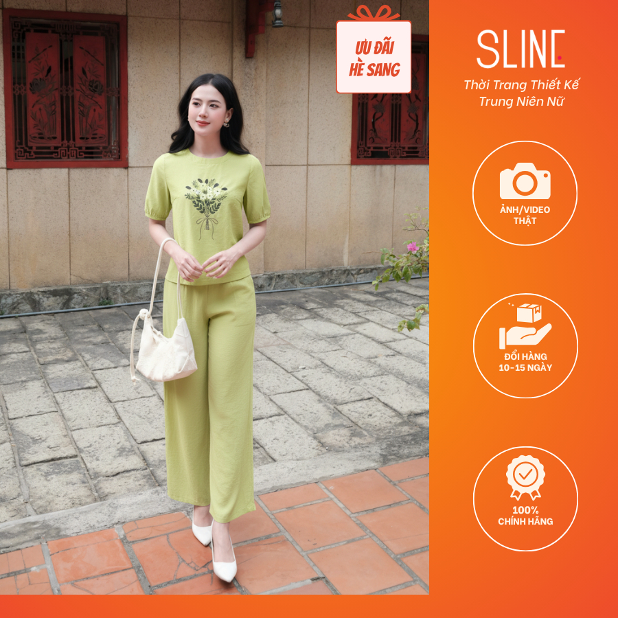 Set Bộ Áo Kiểu Nữ Thêu Hoa Chất Tơ Cao Cấp + Quần Phối Chun Phía Sau (48-65kg) - Thời Trang Thiết Kế SLINE - Qùa tặng mẹ | BigBuy360 - bigbuy360.vn