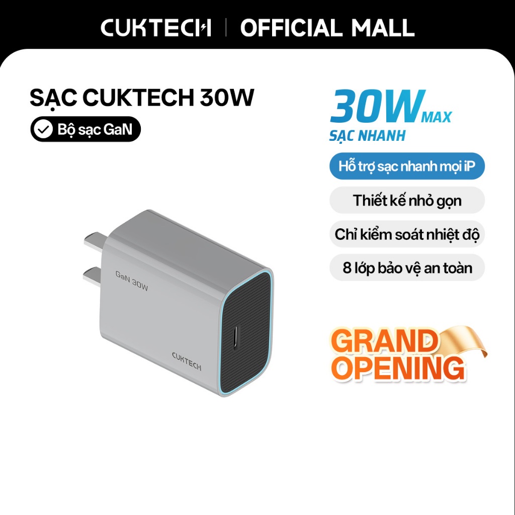 Củ Sạc Nhanh CUKTECH GaN 30W Mini Nhỏ Gọn Tương Thích 20W Cho iP 17/16/15/iPad/Samsung S26/Xiaomi 17
