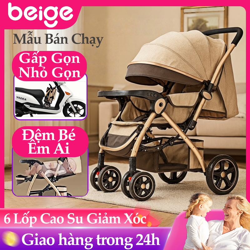 XE ĐẨY GẤP GỌN CHO BÉ BEIGE, GHẾ ĐẨY 2 CHIỀU + KHAY ĂN SIÊU TO + GẤP GỌN 1 GIÂY