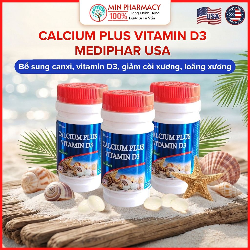 Calcium Plus Vitamin D3 Mediphar USA - Bổ sung canxi, vitamin D3, giảm còi xương, loãng