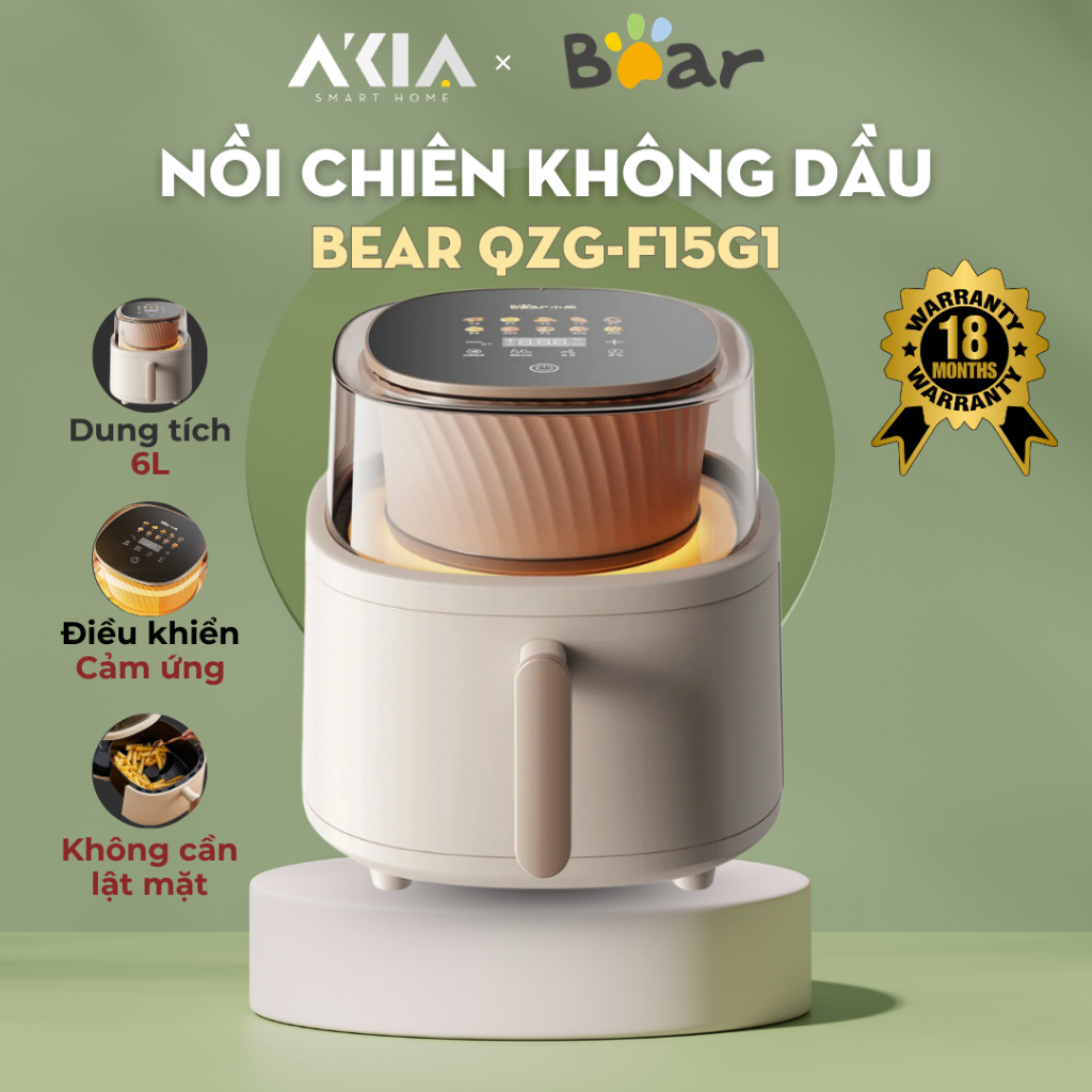 Nồi chiên không dầu Bear QZG-F15G1 6L - 10 chế độ nấu, điều khiển cảm ứng - Bảo hành 18 tháng