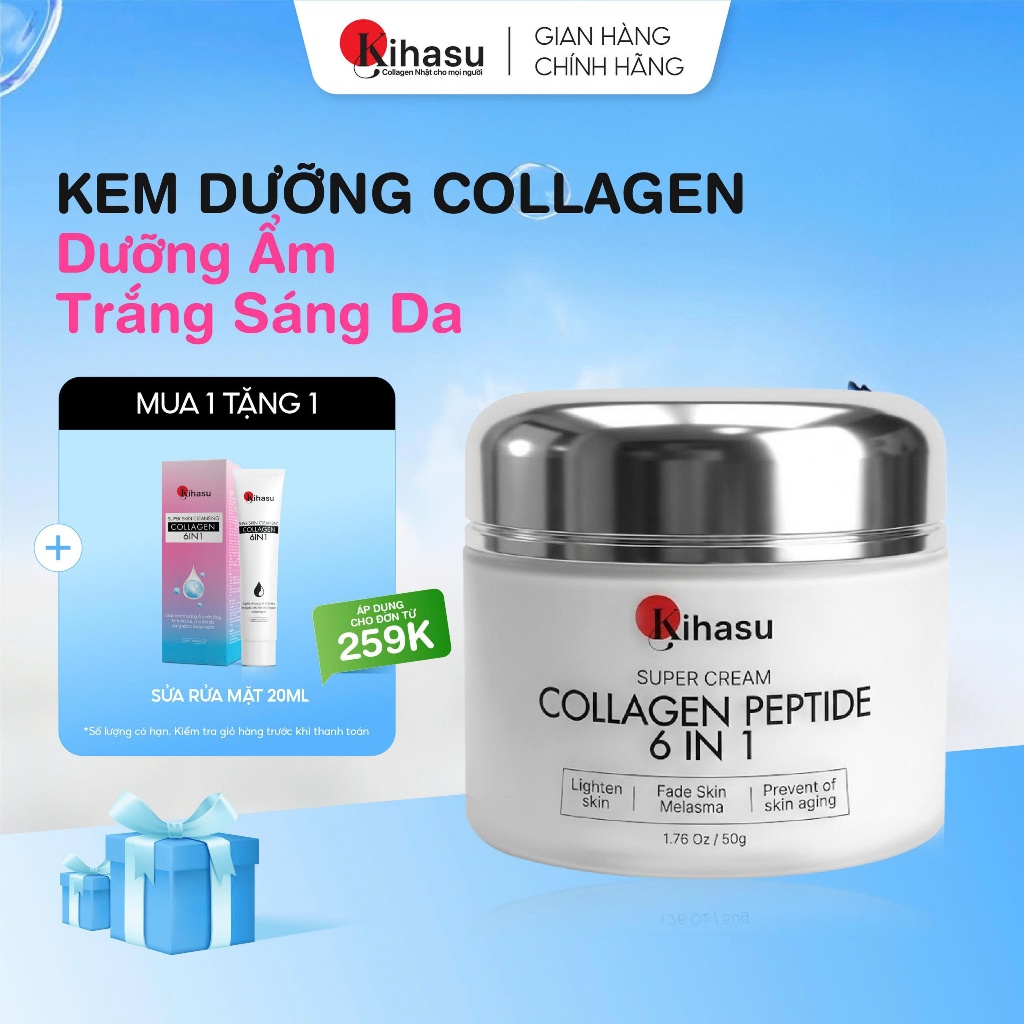 Kem dưỡng Collagen Kihasu cấp ẩm sáng da mờ thâm phục hồi da khô da nhạy cảm căng bóng